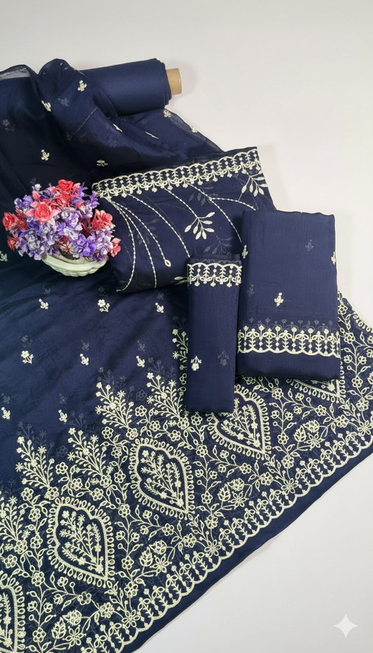 Navy Blue Embroidered cotton  net Suit with Heavy Dupatta – Luxury Formal Unstitched 3 Piece"