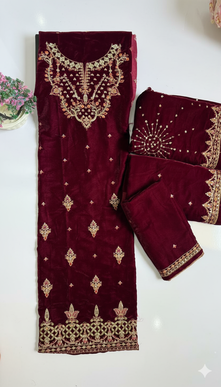 Luxury Velvet Embroidered Suit – Burgundy (Dark Purple) | Fancy Neck & Sequin Work