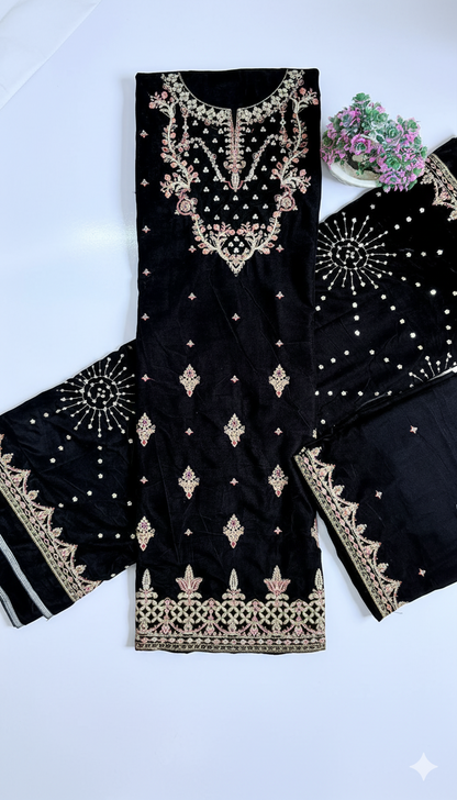 Luxury Velvet Embroidered Suit – Burgundy (Dark Purple) | Fancy Neck & Sequin Work