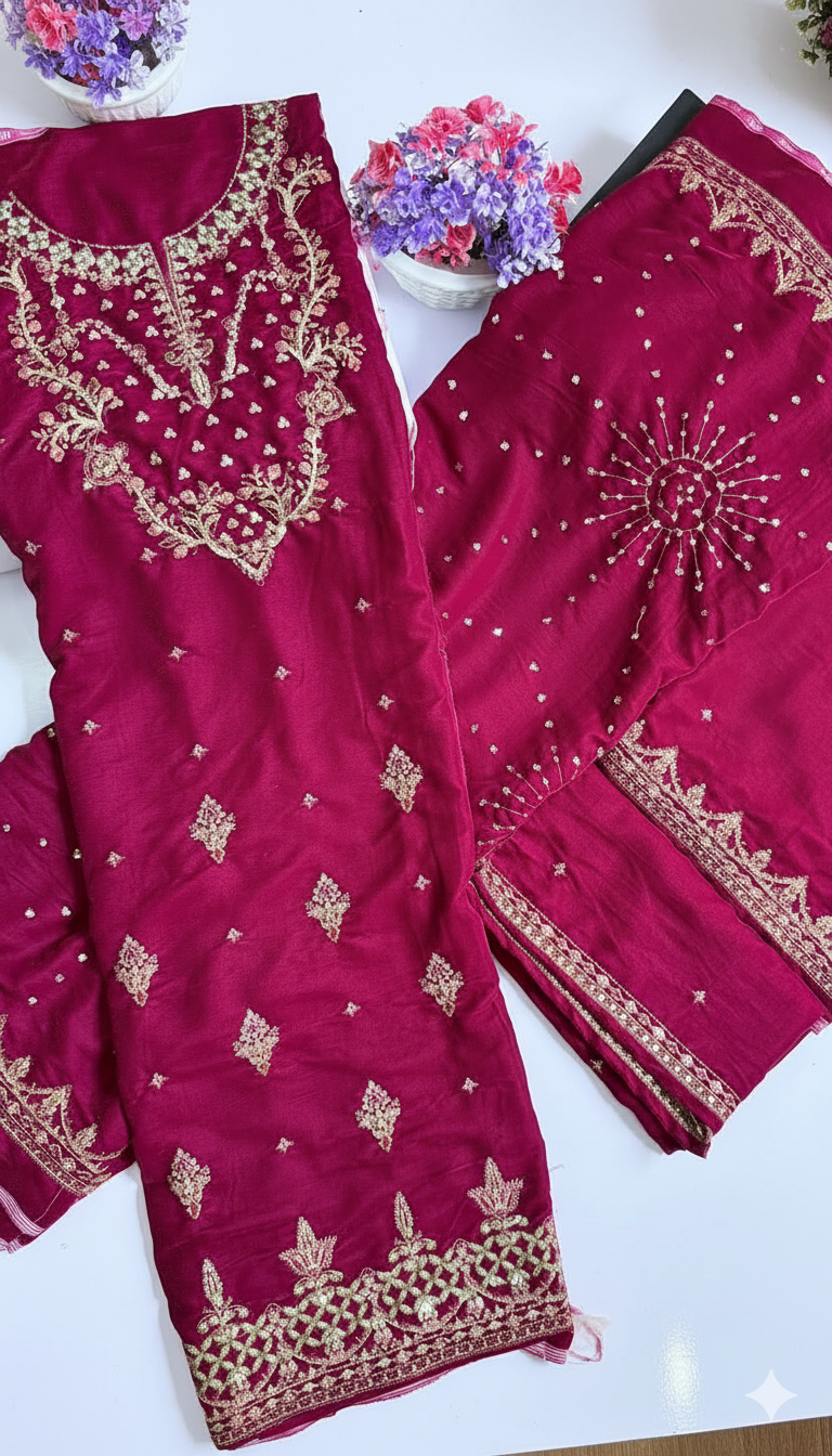 Luxury Velvet Embroidered Suit – Burgundy (Dark Purple) | Fancy Neck & Sequin Work