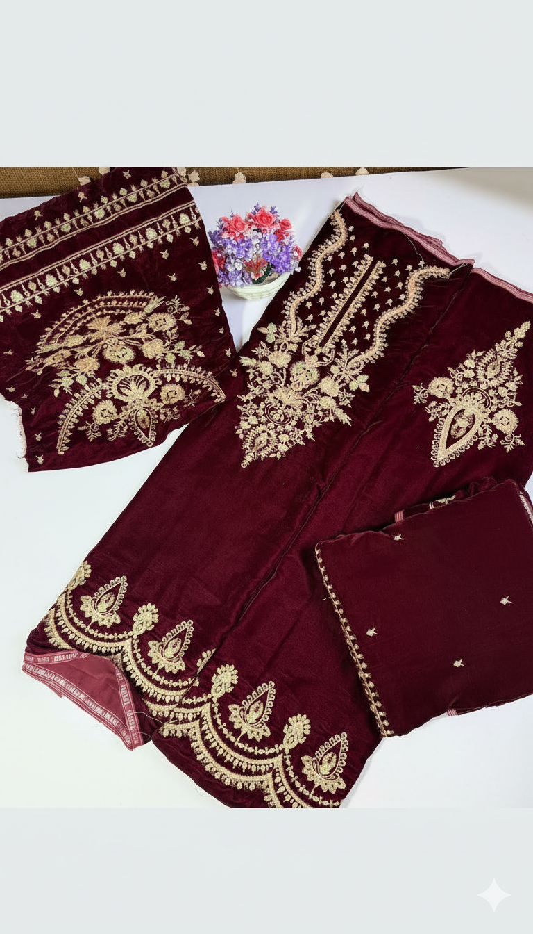 Luxury Navy Blue Velvet 3-Piece Suit | Handcrafted Zari Embroidery | Premium Winter Collection 2025