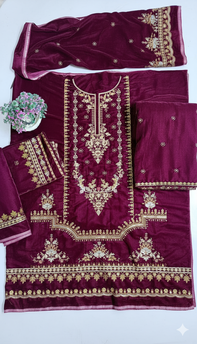 Bottle Green Velvet Dress with Heavy Zari Embroidery | Luxury Winter Collection