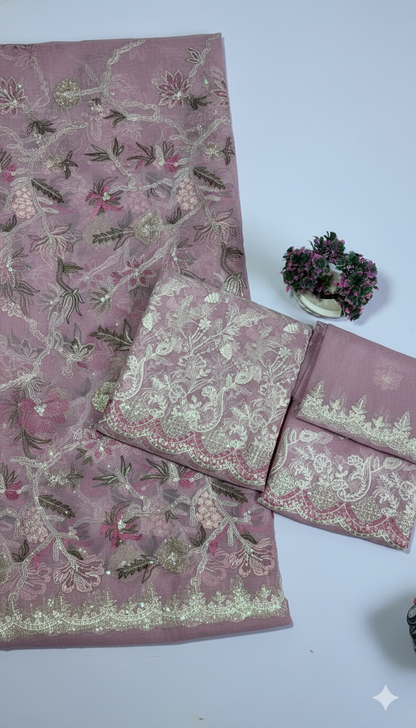 “Luxury Peach Pink Karandi Net Bridal 3-Piece Suit with Heavy Front Embroidery & Sequin Work | Limited Edition Color”