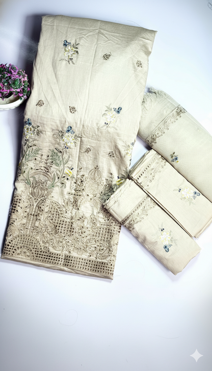 3P SKIN BEIGE EMBROIDERED ARABIC LAWN