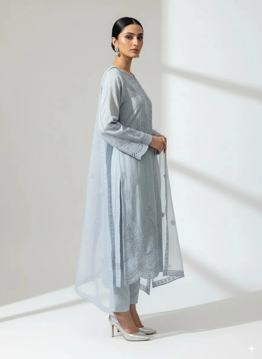 3P SKY BLUE EMBROIDERED ARABIC LAWN