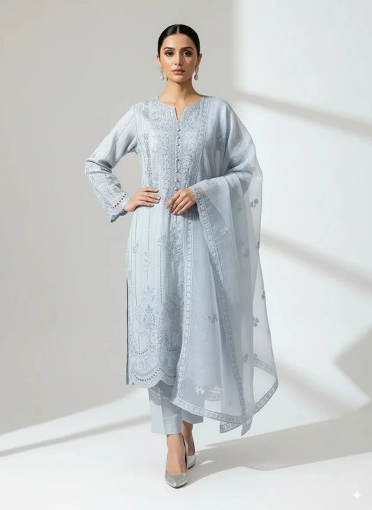 3P SKY BLUE EMBROIDERED ARABIC LAWN