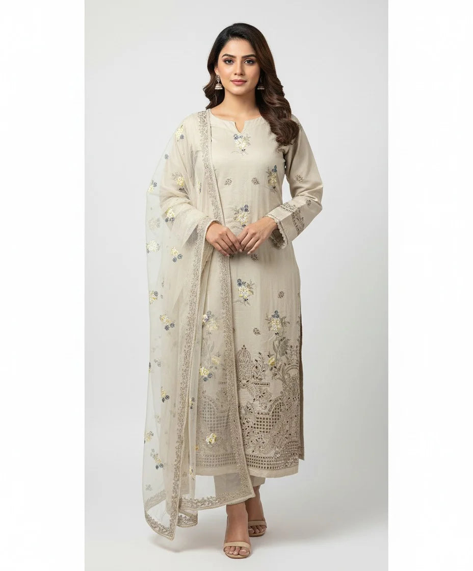 3P SKIN BEIGE EMBROIDERED ARABIC LAWN