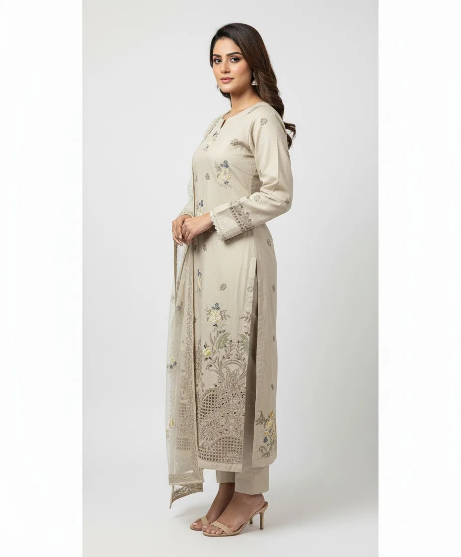 3P SKIN BEIGE EMBROIDERED ARABIC LAWN