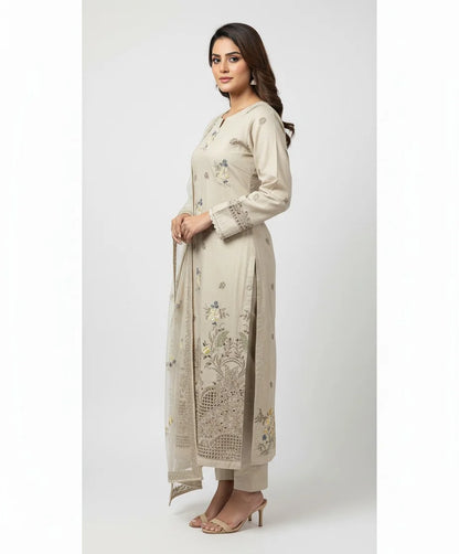 3P SKIN BEIGE EMBROIDERED ARABIC LAWN