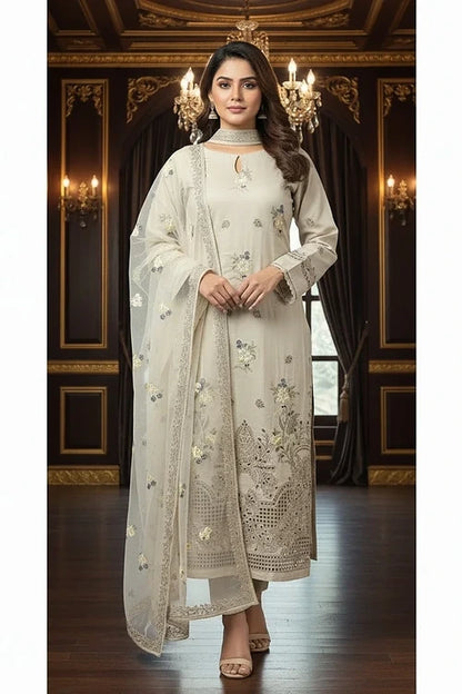 3P SKIN BEIGE EMBROIDERED ARABIC LAWN