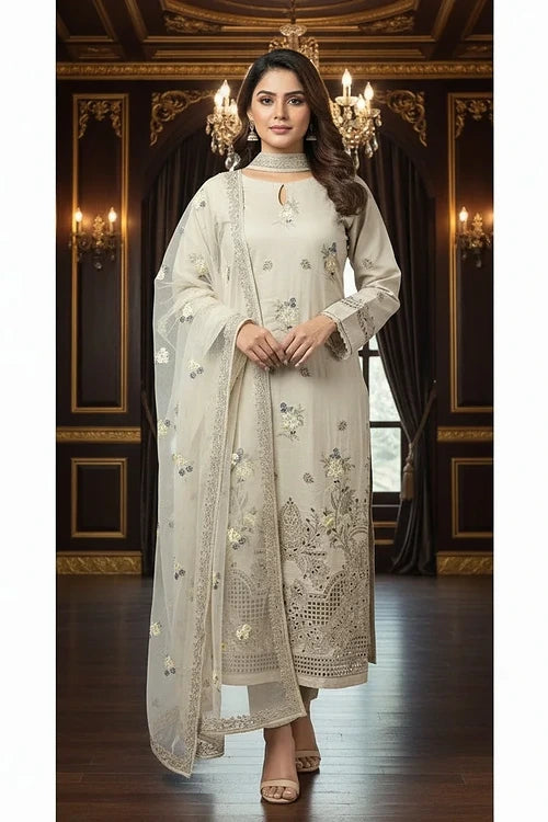3P SKIN BEIGE EMBROIDERED ARABIC LAWN