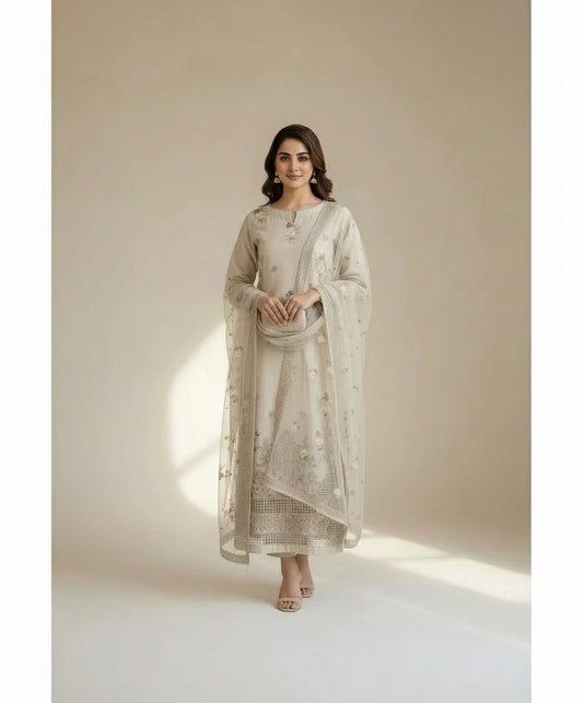 3P SKIN BEIGE EMBROIDERED ARABIC LAWN