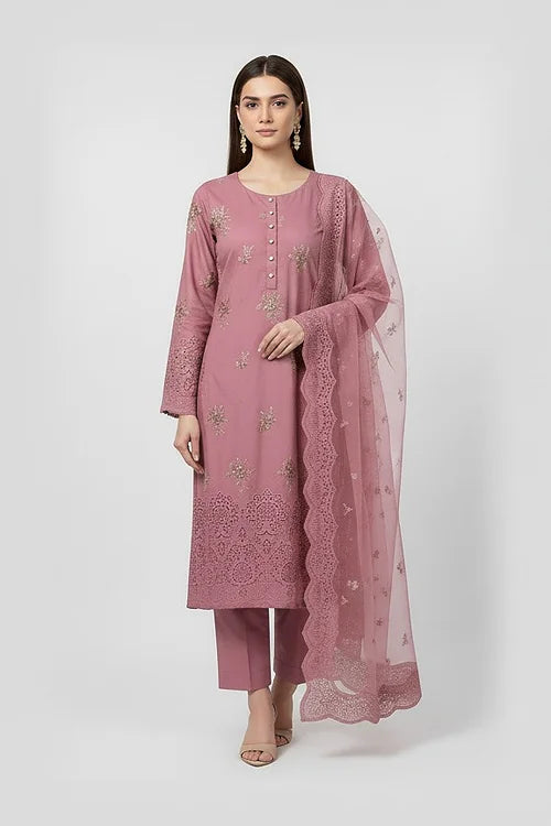 3P ROSE PINK EMBROIDERED ARABIC LAWN