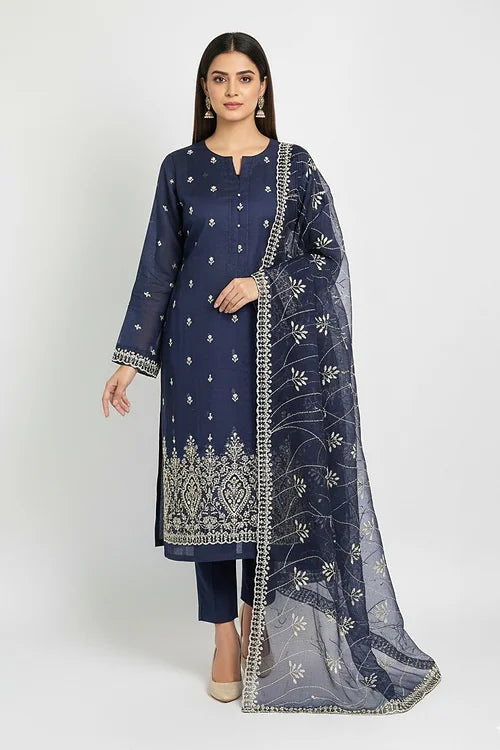 Navy Blue Embroidered cotton  net Suit with Heavy Dupatta – Luxury Formal Unstitched 3 Piece"