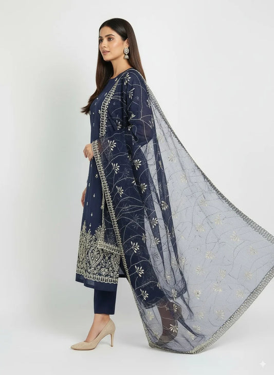 Navy Blue Embroidered cotton  net Suit with Heavy Dupatta – Luxury Formal Unstitched 3 Piece"