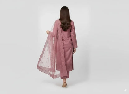 3P ROSE PINK EMBROIDERED ARABIC LAWN