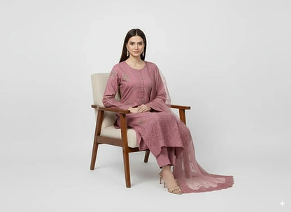 3P ROSE PINK EMBROIDERED ARABIC LAWN