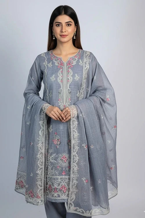 3 Piece Grey Colour Unstitched Cotton Net