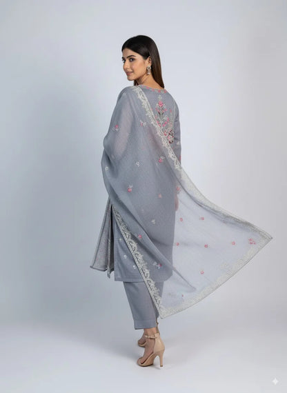 3 Piece Grey Colour Unstitched Cotton Net