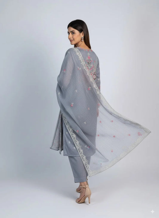 3 Piece Grey Colour Unstitched Cotton Net