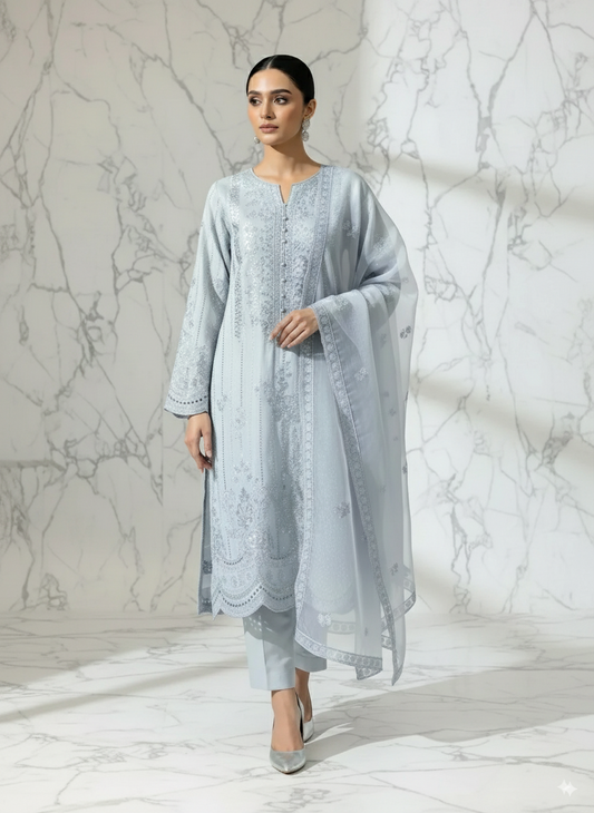3P SKY BLUE EMBROIDERED ARABIC LAWN