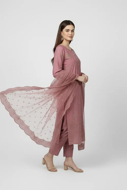 3P ROSE PINK EMBROIDERED ARABIC LAWN
