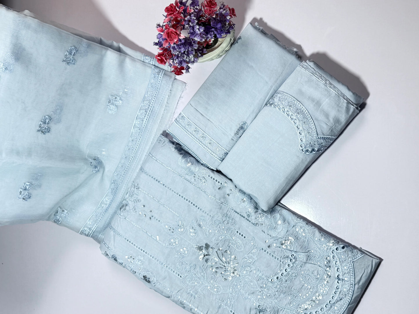 3P SKY BLUE EMBROIDERED ARABIC LAWN