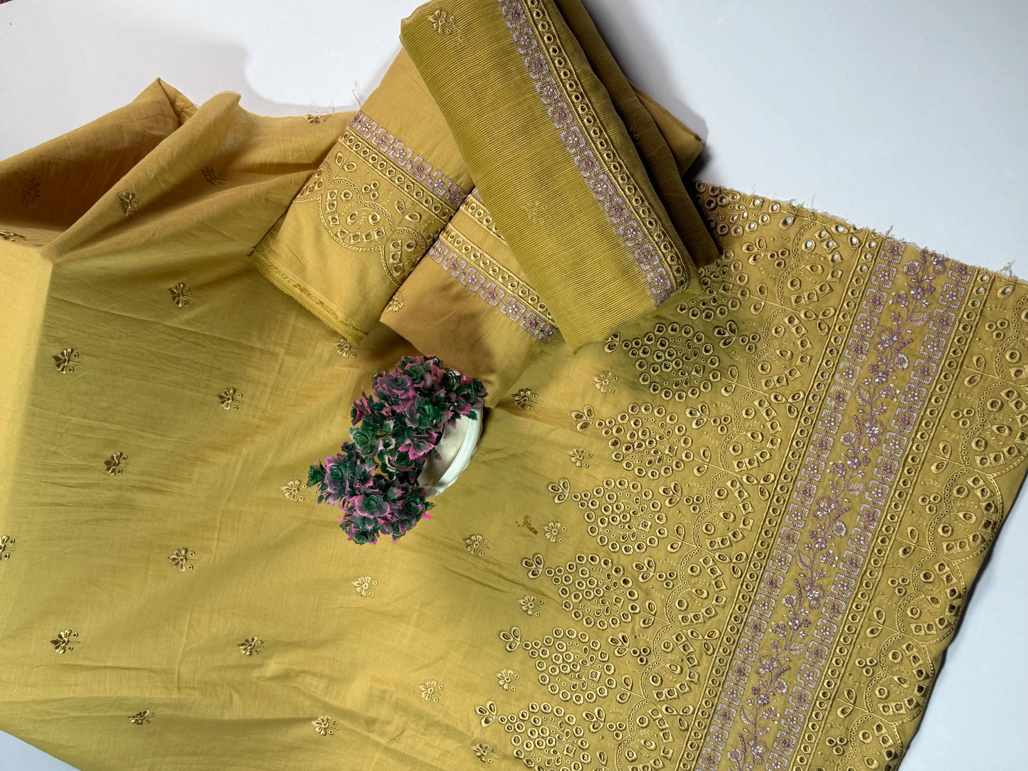 3P OLIVE GOLD PURE LAWN
