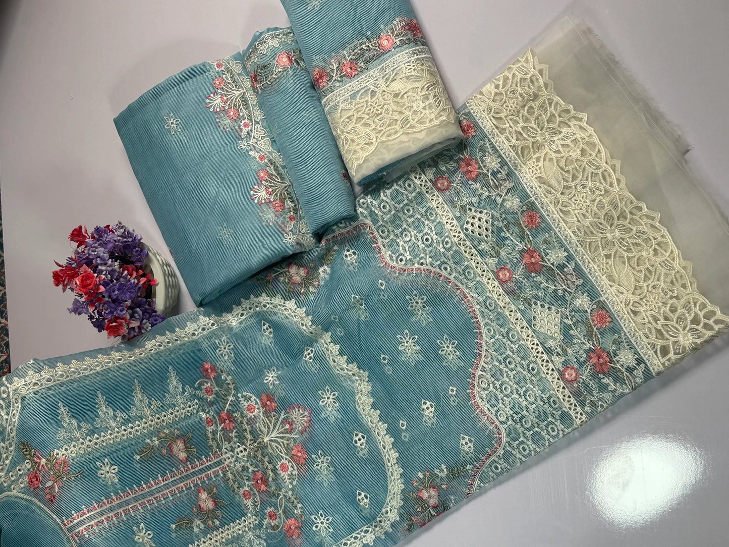 LUXURY SKY BLUE EMBROIDERED Cotton  NET 3 piece suit -premium UNstitched Pakistan outfit for women