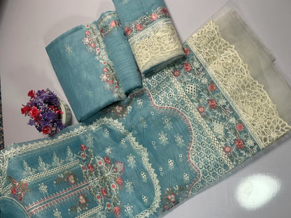 LUXURY SKY BLUE EMBROIDERED Cotton  NET 3 piece suit -premium UNstitched Pakistan outfit for women