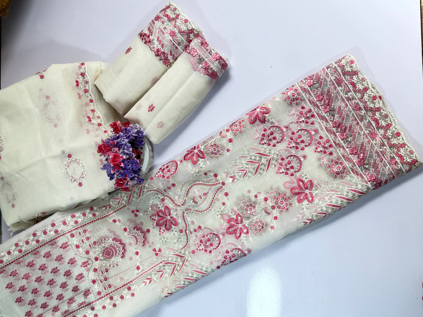 ''Bridal Luxury Cream & Pink Embroidered Unstitched Suit -Elegant 3 Piece cotton  Net Outfit ''