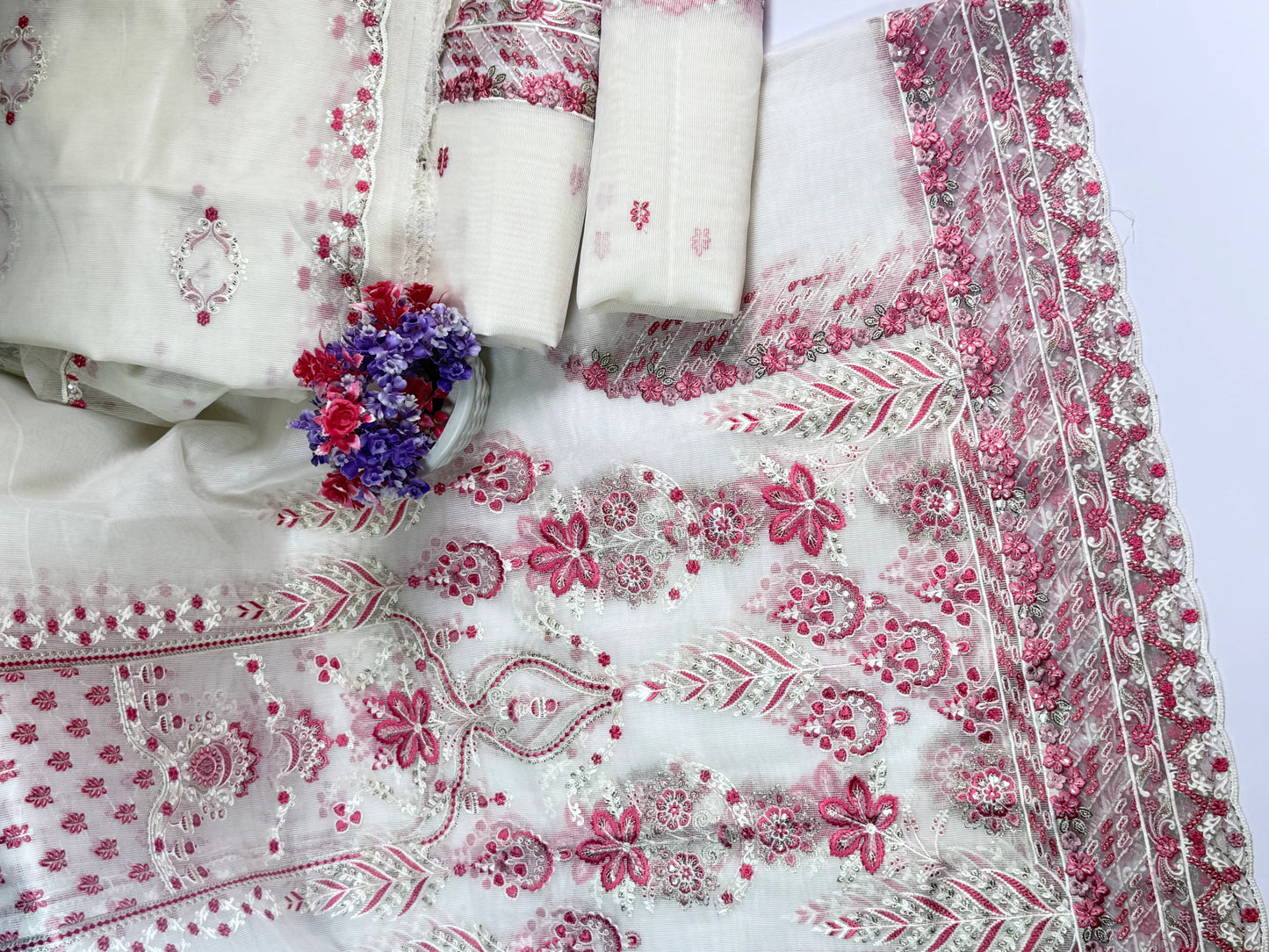 ''Bridal Luxury Cream & Pink Embroidered Unstitched Suit -Elegant 3 Piece cotton  Net Outfit ''