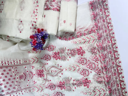''Bridal Luxury Cream & Pink Embroidered Unstitched Suit -Elegant 3 Piece cotton  Net Outfit ''