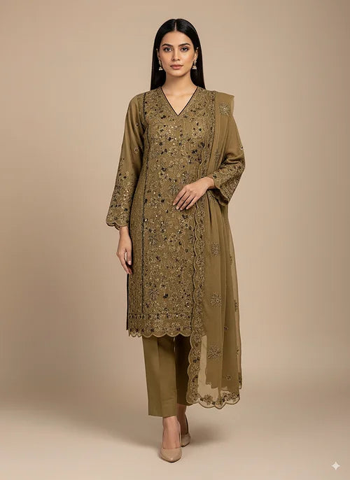 FANCY SHIFFON HAND-EMBROIDERED DRESS