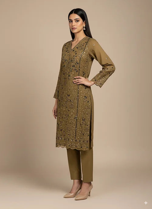 FANCY SHIFFON HAND-EMBROIDERED DRESS