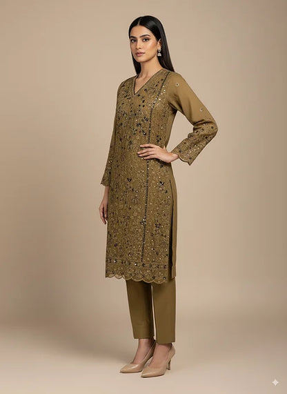 FANCY SHIFFON HAND-EMBROIDERED DRESS