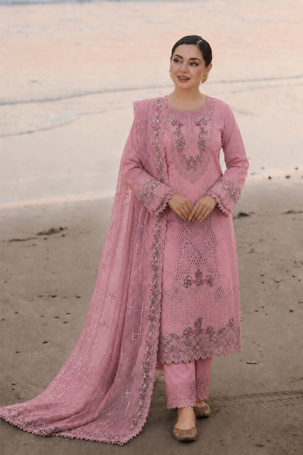 Pink Zareen 3 Piece Embroidered Unstitched Arabic Lawn  Suit for Women