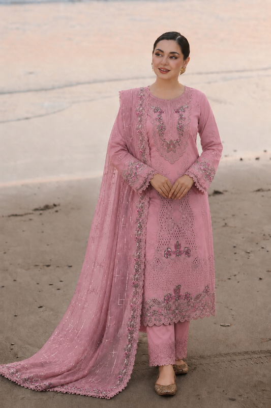 Pink Zareen 3 Piece Embroidered Unstitched Arabic Lawn  Suit for Women