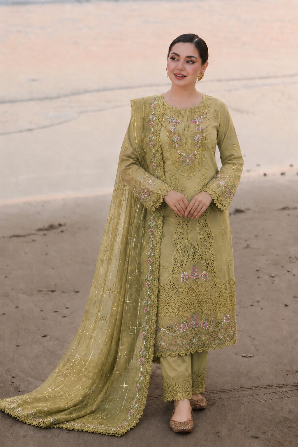 Lush Green Zareen 3 Piece Embroidered Unstitched Arabic Lawn  Suit for Women