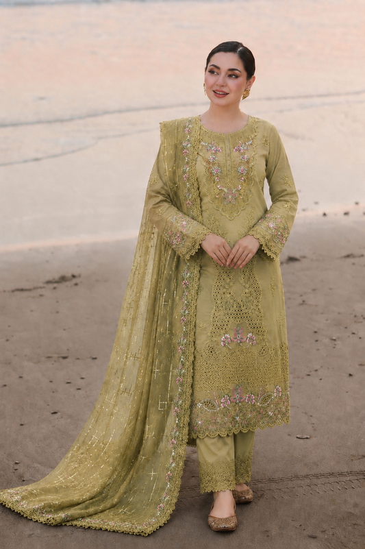 Lush Green Zareen 3 Piece Embroidered Unstitched Arabic Lawn  Suit for Women