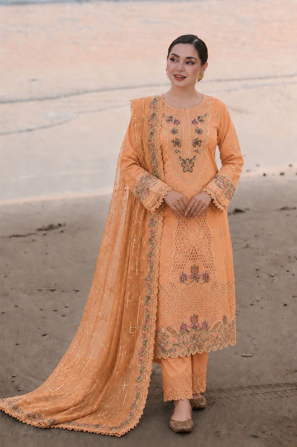 Peach Zareen 3 Piece Embroidered Unstitched Arabic Lawn  Suit for Women