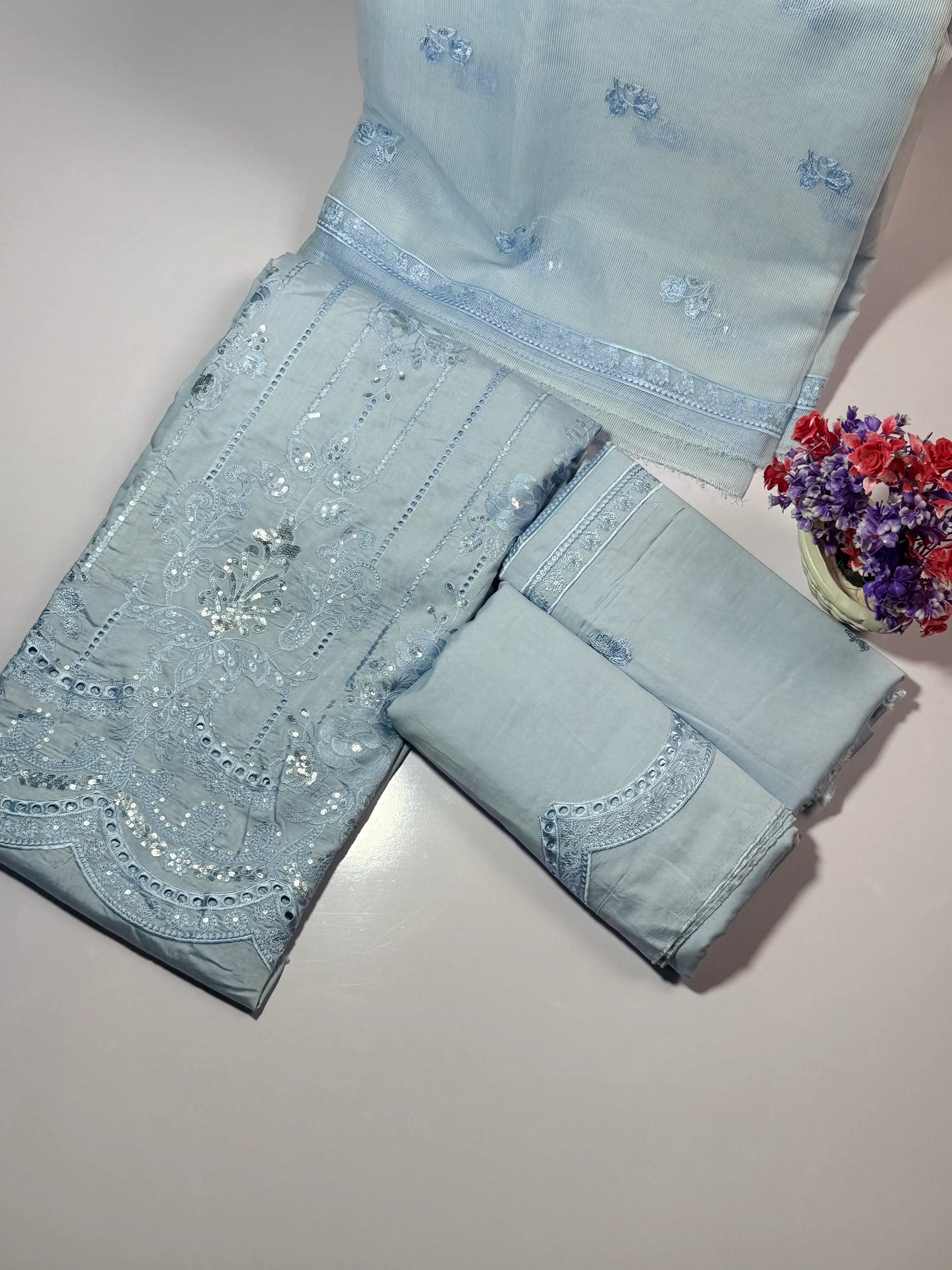 3P SKY BLUE EMBROIDERED ARABIC LAWN