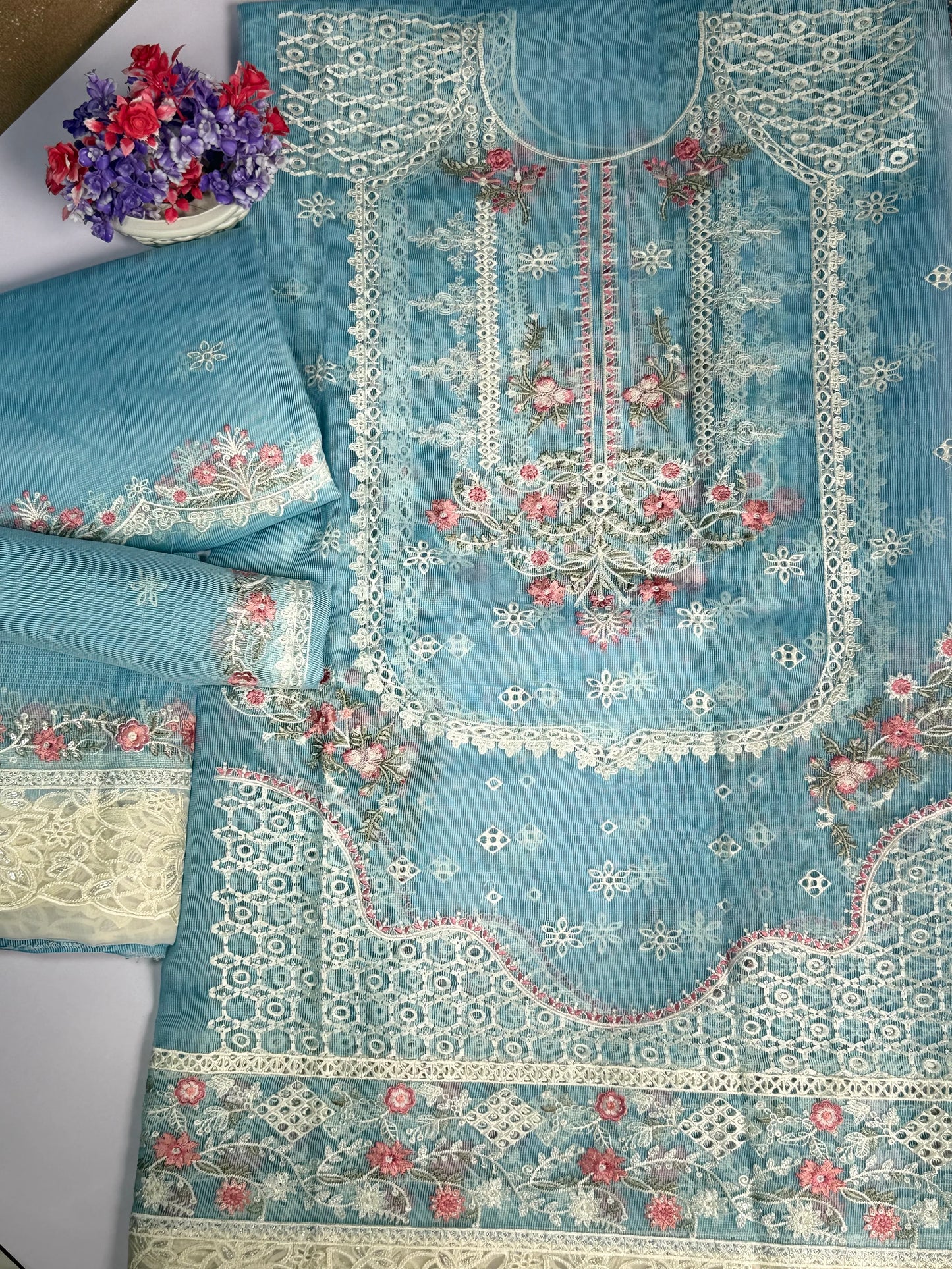 LUXURY SKY BLUE EMBROIDERED Cotton  NET 3 piece suit -premium UNstitched Pakistan outfit for women