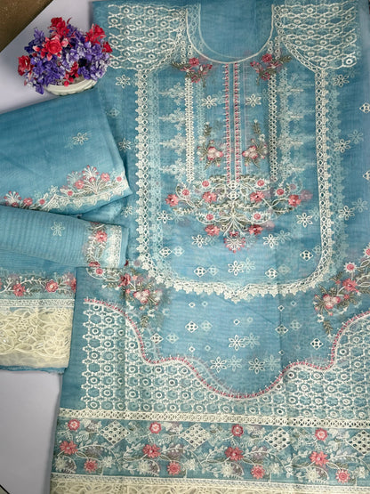 LUXURY SKY BLUE EMBROIDERED Cotton  NET 3 piece suit -premium UNstitched Pakistan outfit for women