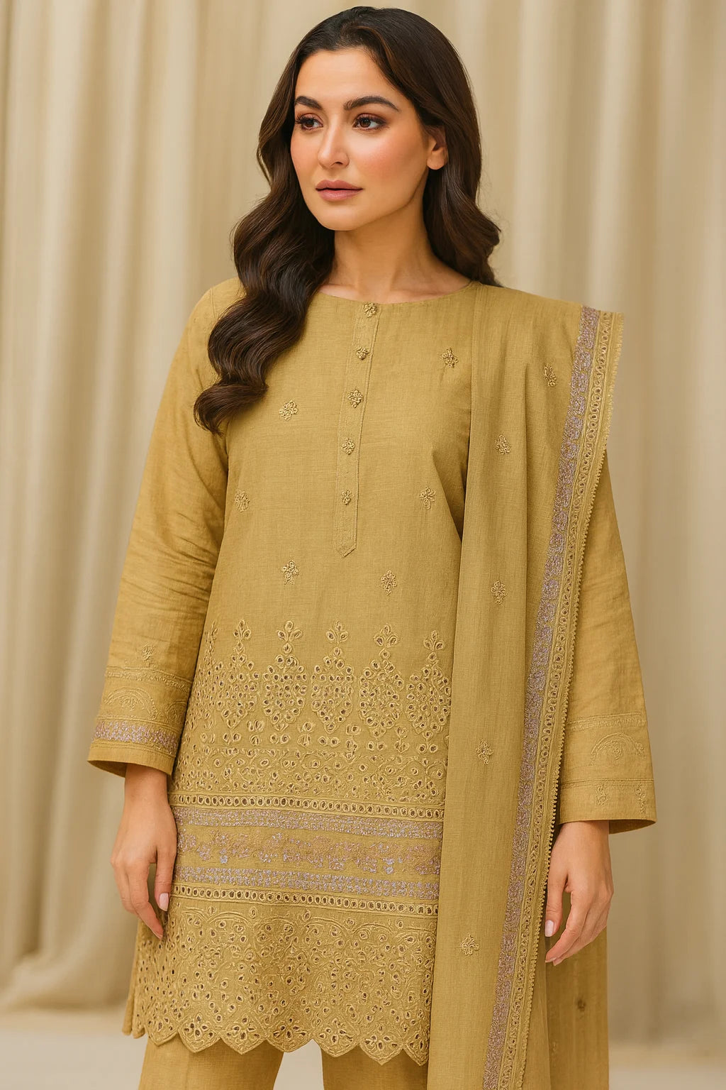3P OLIVE GOLD PURE LAWN
