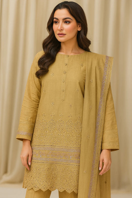 3P OLIVE GOLD PURE LAWN