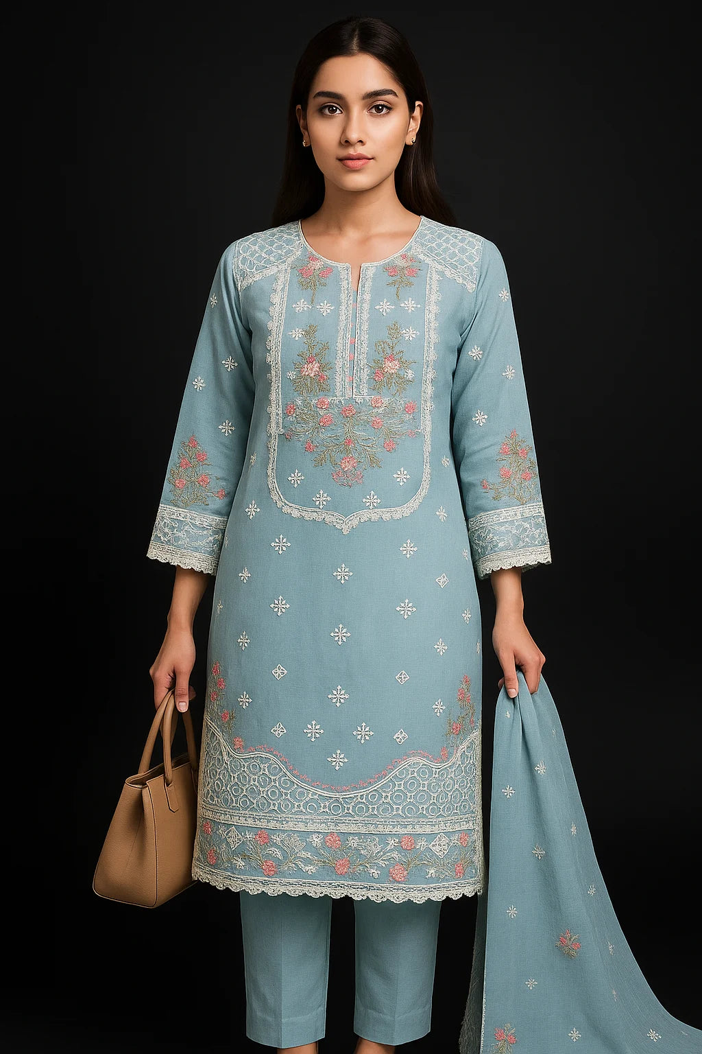 LUXURY SKY BLUE EMBROIDERED Cotton  NET 3 piece suit -premium UNstitched Pakistan outfit for women