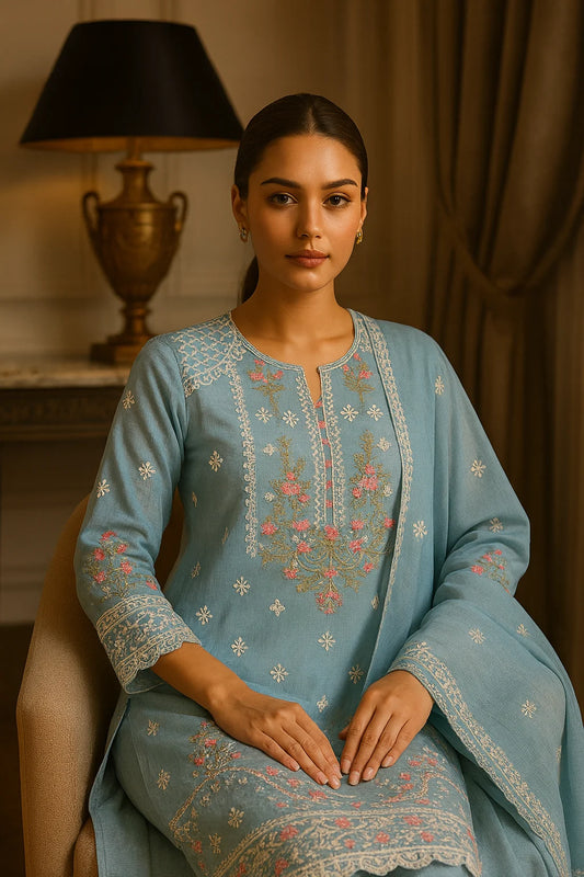 LUXURY SKY BLUE EMBROIDERED Cotton  NET 3 piece suit -premium UNstitched Pakistan outfit for women