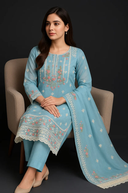 LUXURY SKY BLUE EMBROIDERED Cotton  NET 3 piece suit -premium UNstitched Pakistan outfit for women
