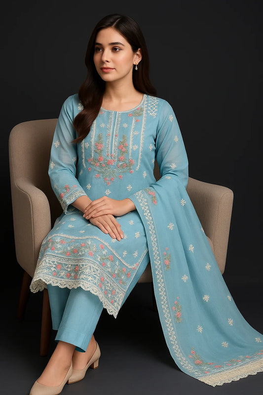 LUXURY SKY BLUE EMBROIDERED Cotton  NET 3 piece suit -premium UNstitched Pakistan outfit for women